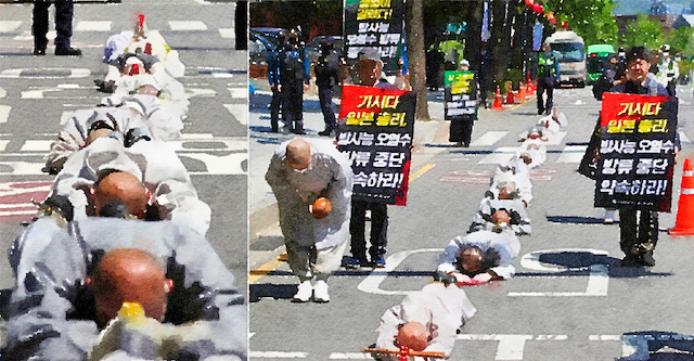 韓国僧侶が五体投地行進「日本の放射能汚染水放流はいけない」
