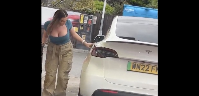 【動画】テスラ車乗りの女性がガソリンスタンドに来た結果…