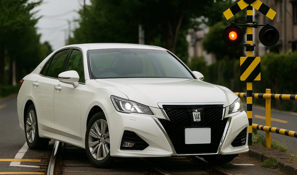 【動画】車間距離詰めすぎの“迷惑クラウン”、踏切内に取り残される → 脱出しようと前の軽自動車に追突…