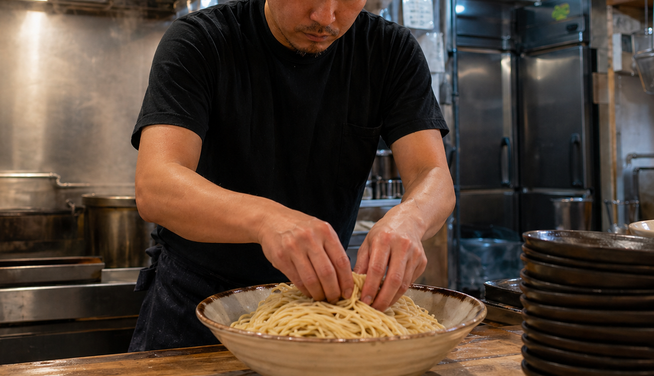 麺線を整えるラーメン店員さん、“さすがに触りすぎ”とドン引きされる… 途中で鼻触り&指舐めも